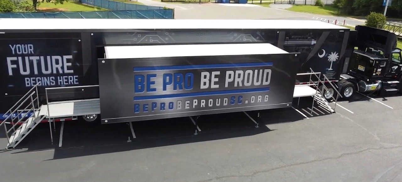 A drone photo of a Be Pro Be Proud South Carolina Trailer.